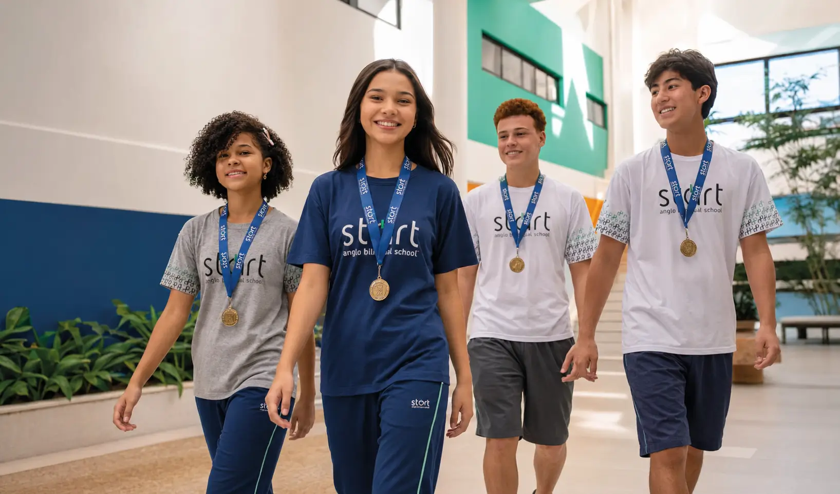 Alunos da Start caminhando pelos corredores da escola
